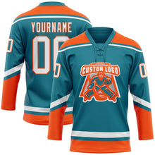 Load image into Gallery viewer, Custom Teal White-Orange Hockey Lace Neck Jersey