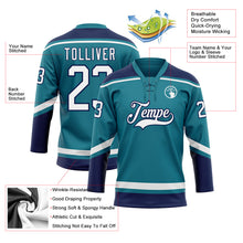 Load image into Gallery viewer, Custom Teal White-Navy Hockey Lace Neck Jersey