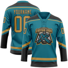 Load image into Gallery viewer, Custom Teal Old Gold-Black Hockey Lace Neck Jersey