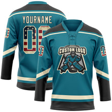 Load image into Gallery viewer, Custom Teal Vintage USA Flag Cream-Black Hockey Lace Neck Jersey