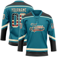 Load image into Gallery viewer, Custom Teal Vintage USA Flag Cream-Black Hockey Lace Neck Jersey