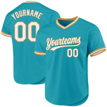 Load image into Gallery viewer, Custom Teal White-Old Gold Authentic Throwback Baseball Jersey