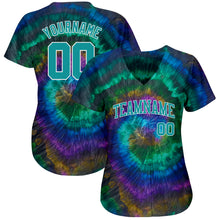 Load image into Gallery viewer, Custom Tie Dye Teal-White 3D Authentic Baseball Jersey