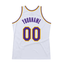 Load image into Gallery viewer, Custom White Purple-Gold Authentic Throwback Basketball Jersey