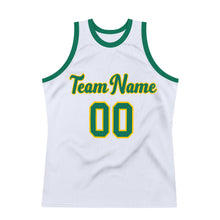 Load image into Gallery viewer, Custom White Kelly Green-Gold Authentic Throwback Basketball Jersey