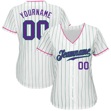 Load image into Gallery viewer, Custom White Kelly Green Pinstripe Purple-Pink Authentic Baseball Jersey