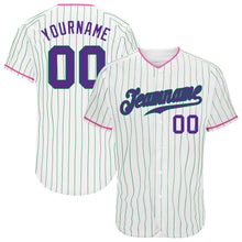 Load image into Gallery viewer, Custom White Kelly Green Pinstripe Purple-Pink Authentic Baseball Jersey