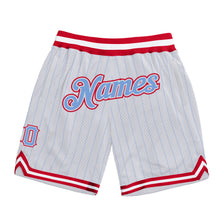 Load image into Gallery viewer, Custom White Light Blue Pinstripe Light Blue-Red Authentic Basketball Shorts