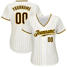 Load image into Gallery viewer, Custom White Gold Pinstripe Brown-Gold Authentic Baseball Jersey