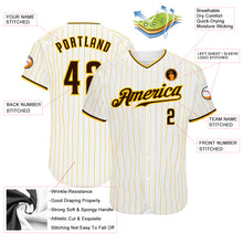 Load image into Gallery viewer, Custom White Gold Pinstripe Brown-Gold Authentic Baseball Jersey