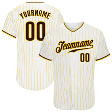 Load image into Gallery viewer, Custom White Gold Pinstripe Brown-Gold Authentic Baseball Jersey