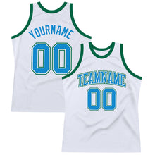 Load image into Gallery viewer, Custom White Blue-Kelly Green Authentic Throwback Basketball Jersey