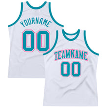 Load image into Gallery viewer, Custom White Teal-Pink Authentic Throwback Basketball Jersey