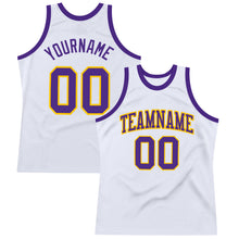 Load image into Gallery viewer, Custom White Purple-Gold Authentic Throwback Basketball Jersey