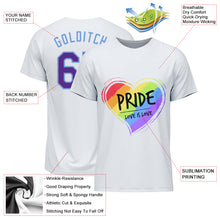 Load image into Gallery viewer, Custom White Purple-Light Blue Rainbow Colored Heart For Pride Love Is Love LGBT Performance T-Shirt