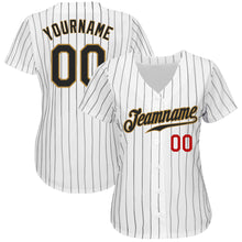 Load image into Gallery viewer, Custom White Black Pinstripe Black Old Gold-Red Authentic Baseball Jersey