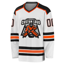 Load image into Gallery viewer, Custom White Black-Orange Hockey Jersey