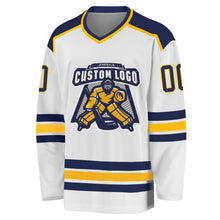Load image into Gallery viewer, Custom White Navy-Gold Hockey Jersey