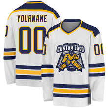 Load image into Gallery viewer, Custom White Navy-Gold Hockey Jersey