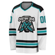 Load image into Gallery viewer, Custom White Aqua-Black Hockey Jersey