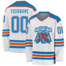 Load image into Gallery viewer, Custom White Blue-Orange Hockey Jersey