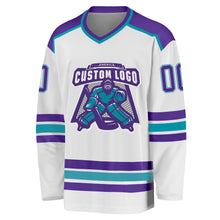 Load image into Gallery viewer, Custom White Purple-Teal Hockey Jersey