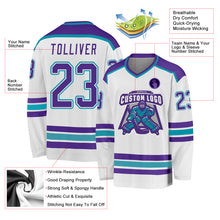 Load image into Gallery viewer, Custom White Purple-Teal Hockey Jersey