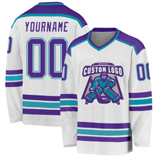 Load image into Gallery viewer, Custom White Purple-Teal Hockey Jersey