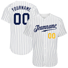 Load image into Gallery viewer, Custom White Navy Pinstripe Navy-Gold Authentic Baseball Jersey