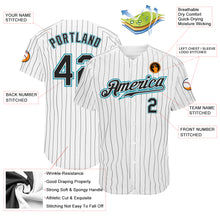 Load image into Gallery viewer, Custom White Black Pinstripe Black-Teal Authentic Baseball Jersey