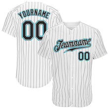 Load image into Gallery viewer, Custom White Black Pinstripe Black-Teal Authentic Baseball Jersey