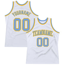Load image into Gallery viewer, Custom White Light Blue-Gold Authentic Throwback Basketball Jersey