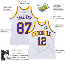 Load image into Gallery viewer, Custom White Purple-Gold Authentic Throwback Basketball Jersey