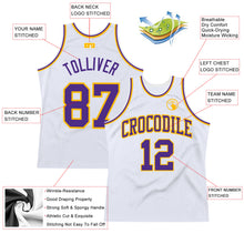 Load image into Gallery viewer, Custom White Purple-Gold Authentic Throwback Basketball Jersey