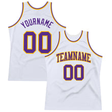 Load image into Gallery viewer, Custom White Purple-Gold Authentic Throwback Basketball Jersey