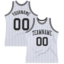 Load image into Gallery viewer, Custom White Black Pinstripe Black Authentic Basketball Jersey