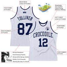 Load image into Gallery viewer, Custom White Navy Pinstripe Navy Authentic Basketball Jersey