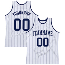 Load image into Gallery viewer, Custom White Navy Pinstripe Navy Authentic Basketball Jersey
