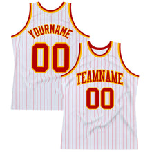 Load image into Gallery viewer, Custom White Red Pinstripe Red-Gold Authentic Basketball Jersey