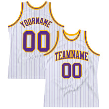 Load image into Gallery viewer, Custom White Purple Pinstripe Purple-Gold Authentic Basketball Jersey