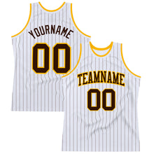 Load image into Gallery viewer, Custom White Brown Pinstripe Brown-Gold Authentic Basketball Jersey