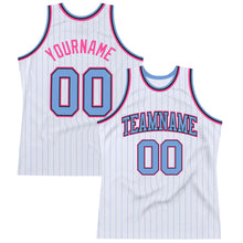 Load image into Gallery viewer, Custom White Light Blue Pinstripe Light Blue Black-Pink Authentic Basketball Jersey