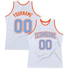 Load image into Gallery viewer, Custom White Light Blue Pinstripe Light Blue-Orange Authentic Basketball Jersey