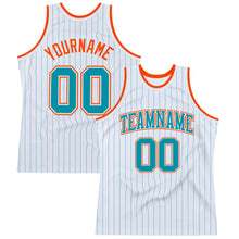 Load image into Gallery viewer, Custom White Teal Pinstripe Teal-Orange Authentic Basketball Jersey