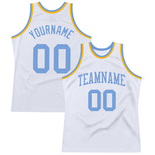 Load image into Gallery viewer, Custom White Light Blue-Gold Authentic Throwback Basketball Jersey