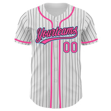 Load image into Gallery viewer, Custom White Black Pinstripe Pink-Light Blue Authentic Baseball Jersey