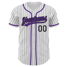 Load image into Gallery viewer, Custom White Black Pinstripe Purple Authentic Baseball Jersey