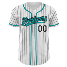 Load image into Gallery viewer, Custom White Black Pinstripe Teal Authentic Baseball Jersey