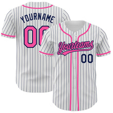Load image into Gallery viewer, Custom White Navy Pinstripe Pink Authentic Baseball Jersey
