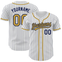 Load image into Gallery viewer, Custom White Navy Pinstripe Old Gold Authentic Baseball Jersey